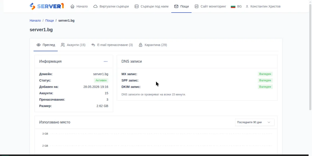 Преглед на домейн в Server1 Console с DNS записи и използвано пространство