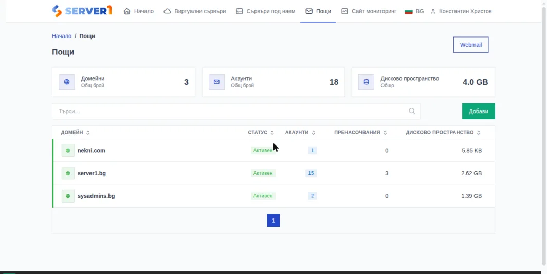 Списък с пощенски домейни в Server1 Console